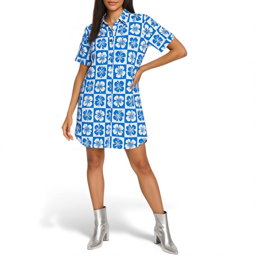 Ascot & Hart Checkered Hibiscus Print Shirt Dress
